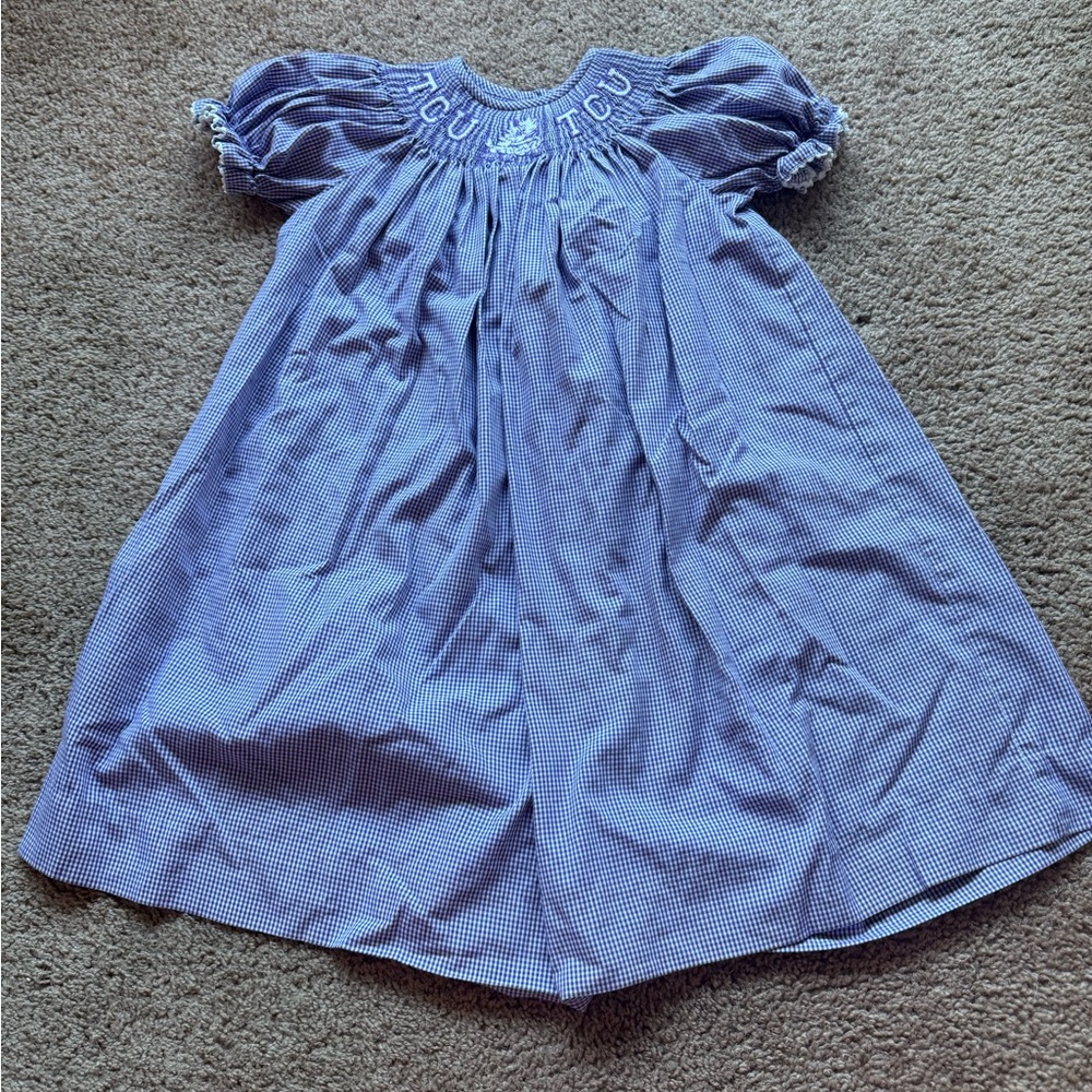 VIVE LA FETE smocked purple gingham short sleeve bishop dress TCU texas girls 6